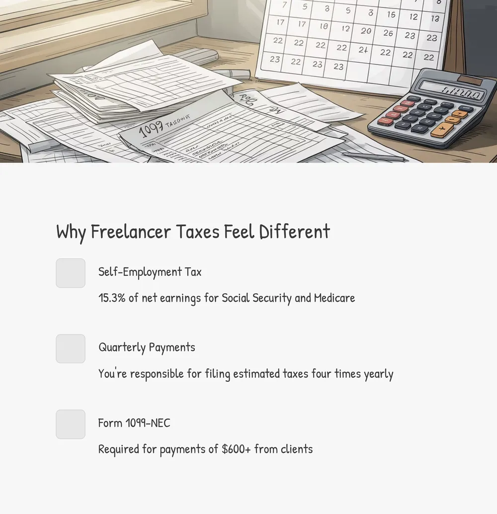 A freelancer’s desk with organized receipts, a calculator, and a QuickBooks dashboard on a laptop