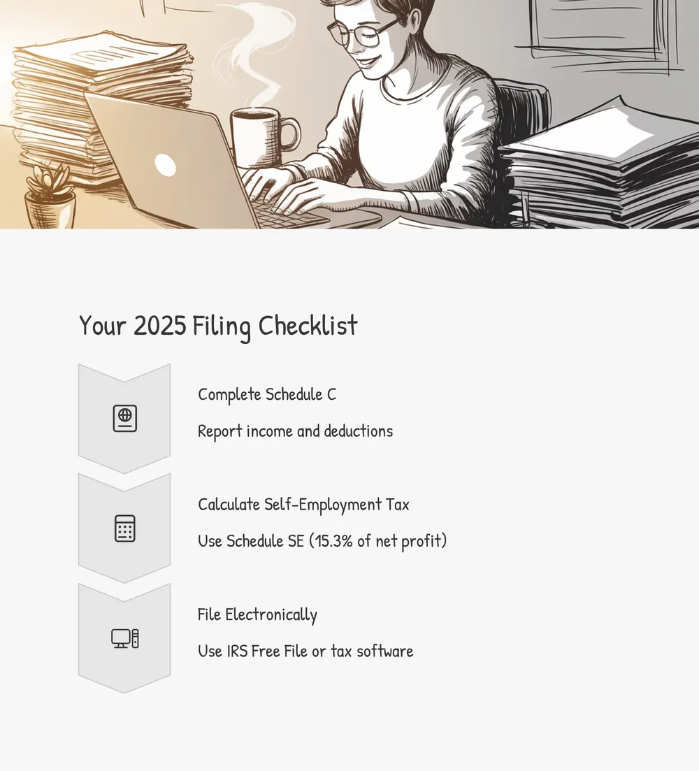 A freelancer writing a check for quarterly taxes, IRS Form 1040-ES on the table